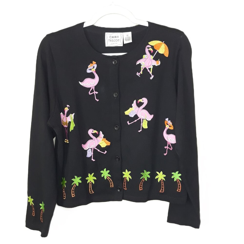 Emma Trelot Black Cardigan with Pink Flamingo Embroidery